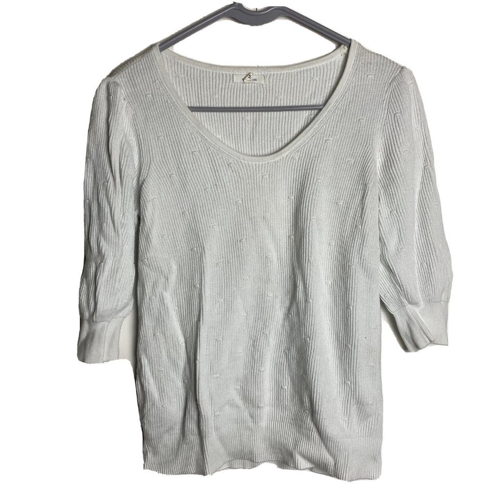 Maurices Women Sweater Meidum White Pullover Ribbed Scoop Neck 3/4 Sleeve